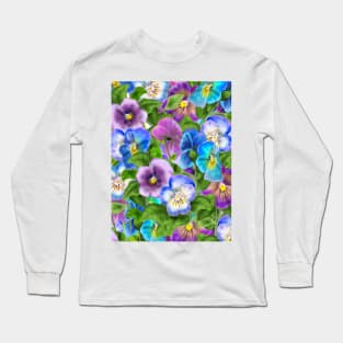 Beautiful Pansy Flowers Violet Viola Tricolor Floral Pattern. Watercolor Hand Drawn Decoration. Spring colorful pansies in bloom garden flowers. Long Sleeve T-Shirt